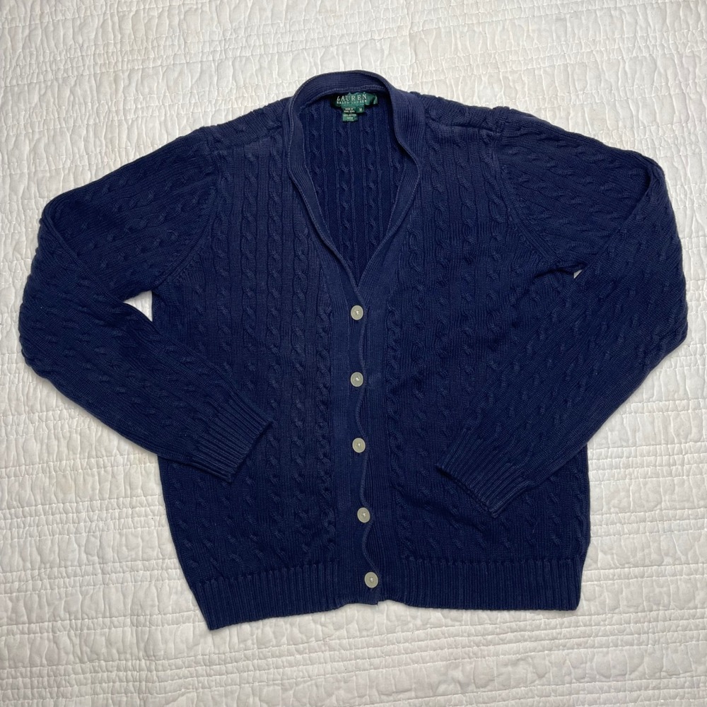 Lauren Ralph Lauren Navy Blue Cable Knit Cotton Button Front Cardigan Sweater M